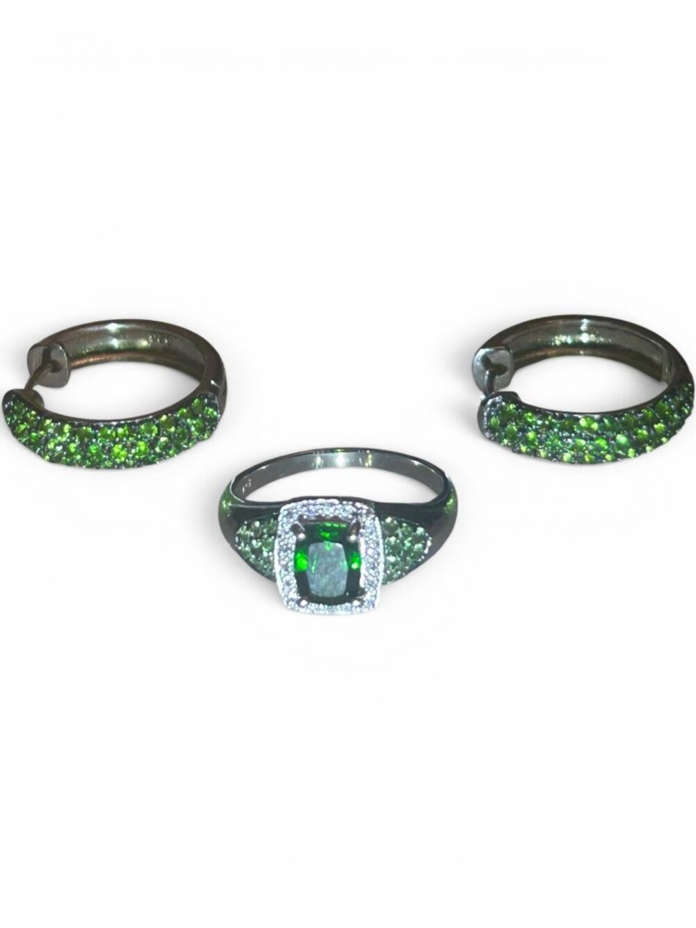 DK Sterling Silver Chrome Diopside Ring Earrings Set Vintage 925 Green Gemstone